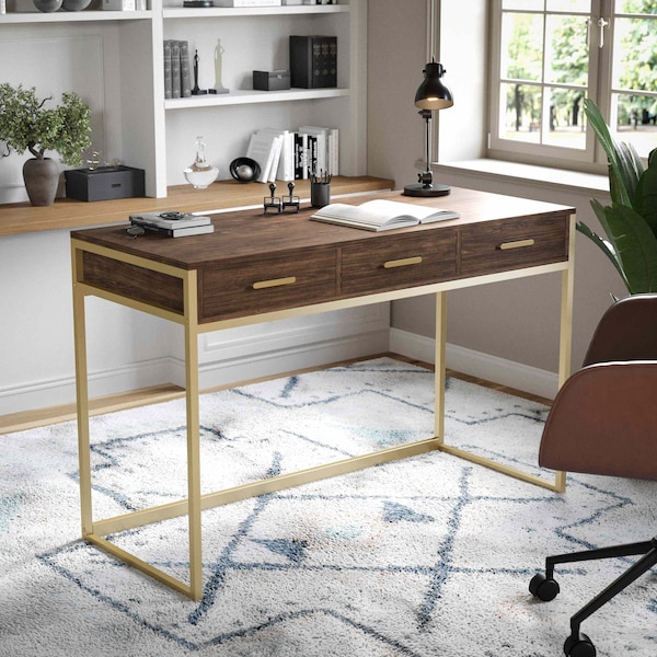 Martha Stewart 19.75 in. D X 47.25 in. W X Engineered Wood, Steel, Walnut/Polished Brass ZG-ZP-028-BR-GLD-MS - main